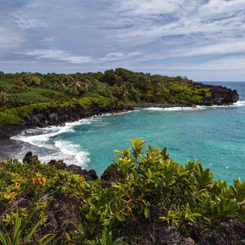 Black Sand Beach turquoise ocean lush vegetation Waianapanapa State Park