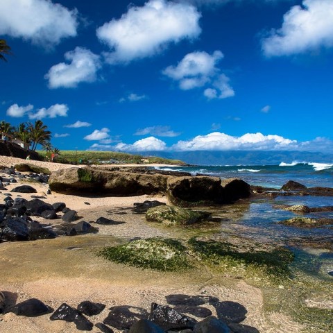 a rocky beach next to a body of water