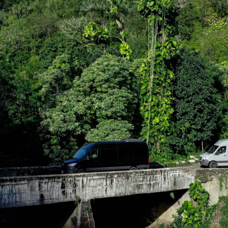 Mercedes van Road to Hana tour bridge